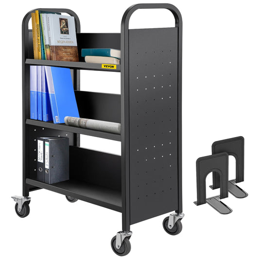 BENTISM Book Cart Library Cart 200lb with Single Sided V-Shaped Sloped Shelves in Black